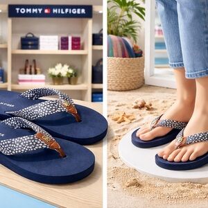 Tommy Hilfiger Navy and White Patterned Flip Flops-NEVER WORN!